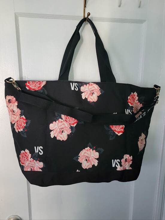 Victoria's Secret Handbags - Victoria's Secret Black Tote with Pink Floral Print